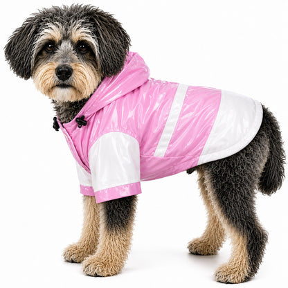 Two-tone pink and white waterproof dog raincoat with removable hood and snap fasteners