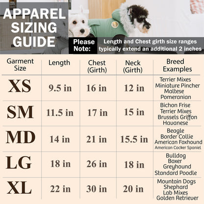 Dog raincoat sizing chart with garment length, chest, and neck measurement ranges