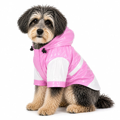 Two-tone pink and white dog raincoat with hood and front snap closures