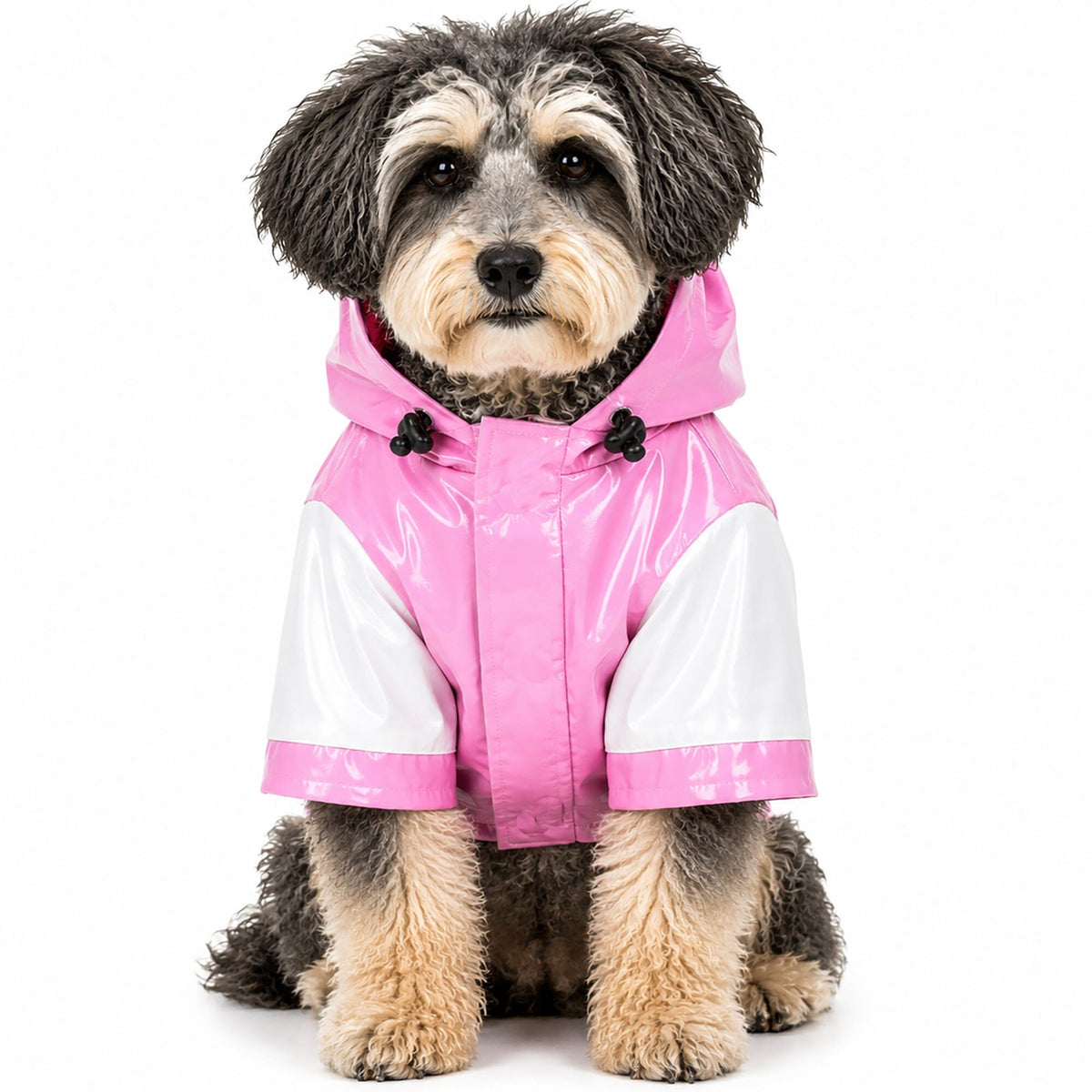 Pink and white two-tone dog raincoat jacket with hood and black button straps