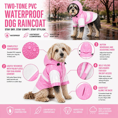 Two-tone pink waterproof dog raincoat feature infographic with hood and adjustable straps