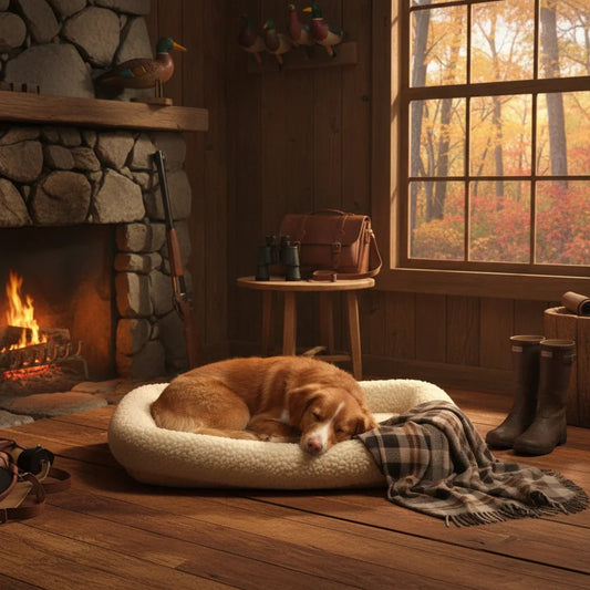 Cozy dog sleeping in plush bed near fireplace, autumn view through window, rustic cabin setting