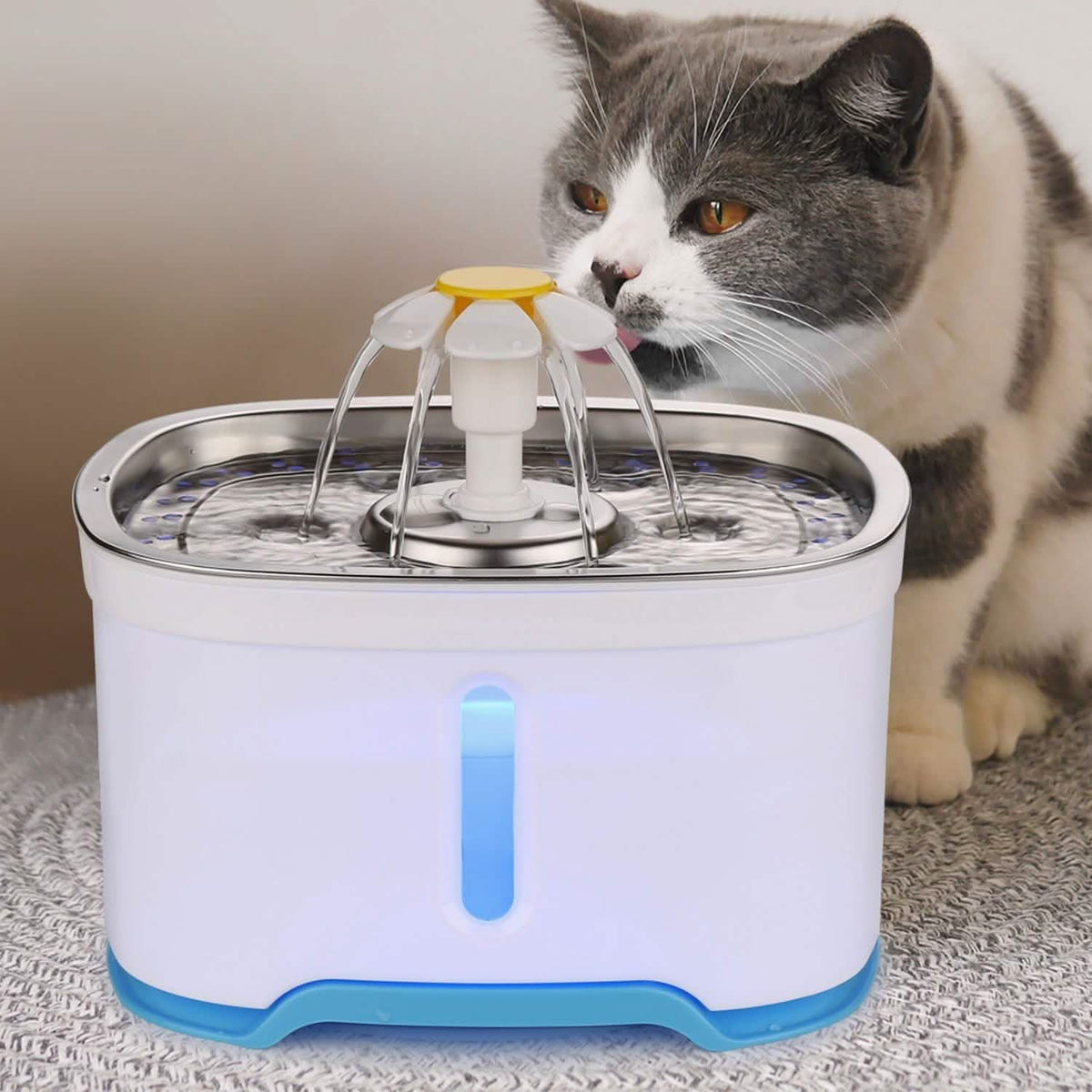 Pet water fountain dispenser with LED light and spray heads, white with blue base