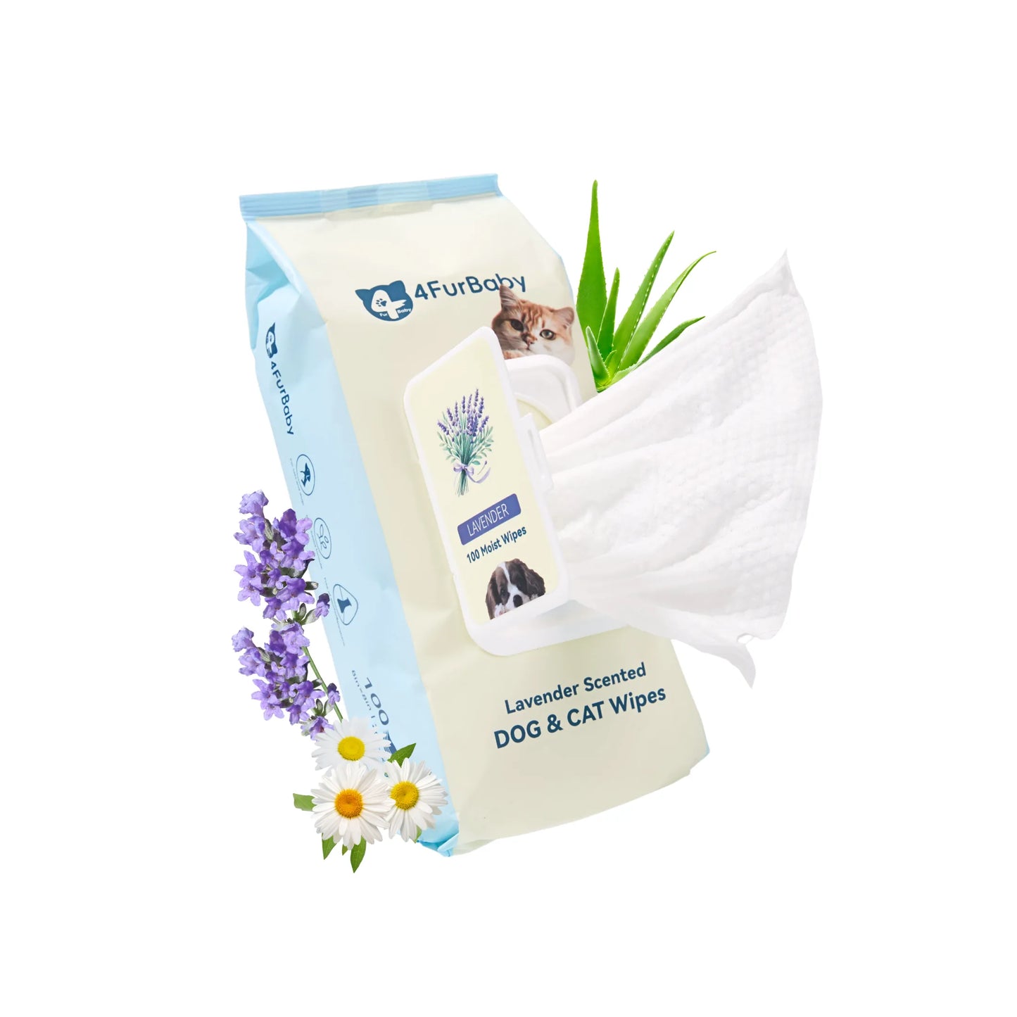Dog & cat grooming wipes pack, lavender scented, with folded white wipe cloth