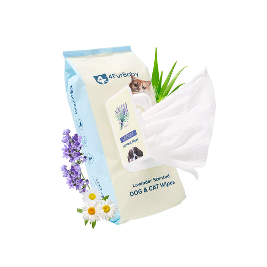 Dog & cat grooming wipes pack, lavender scented, with folded white wipe cloth