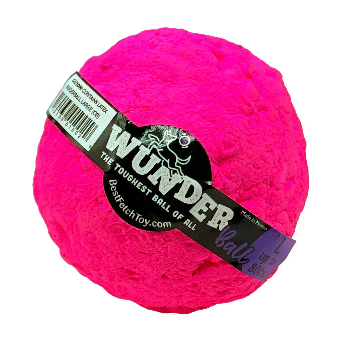 Pink textured fetch toy ball with black label band and purple script text