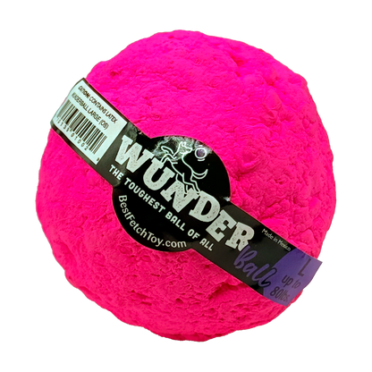 Pink textured fetch toy ball with black label band and purple script text
