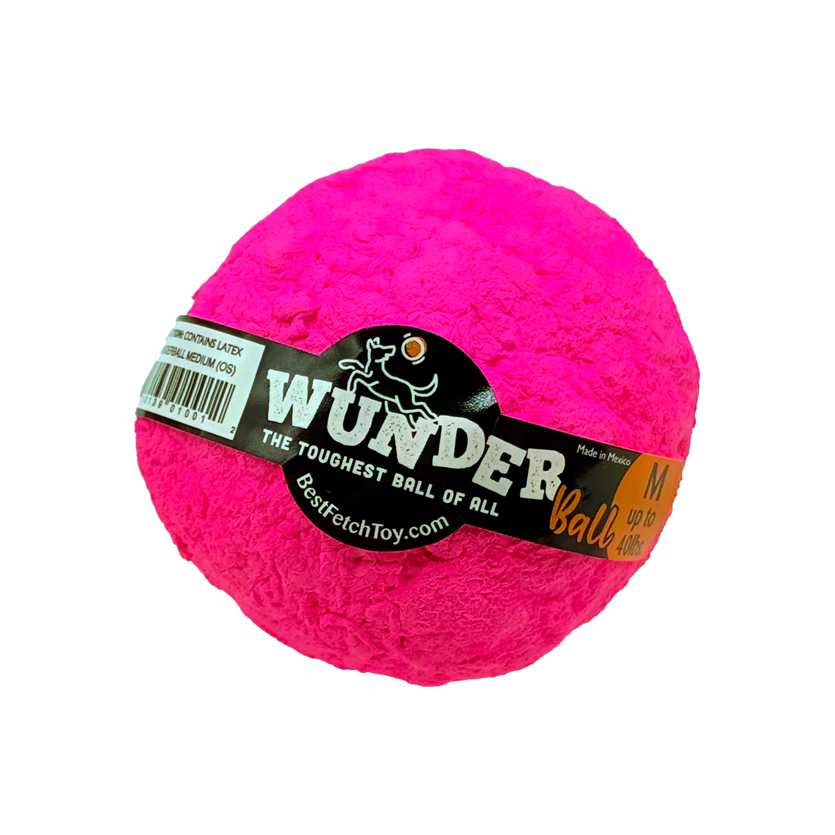 Pink WUNDERball fetch toy ball with black logo band and text label
