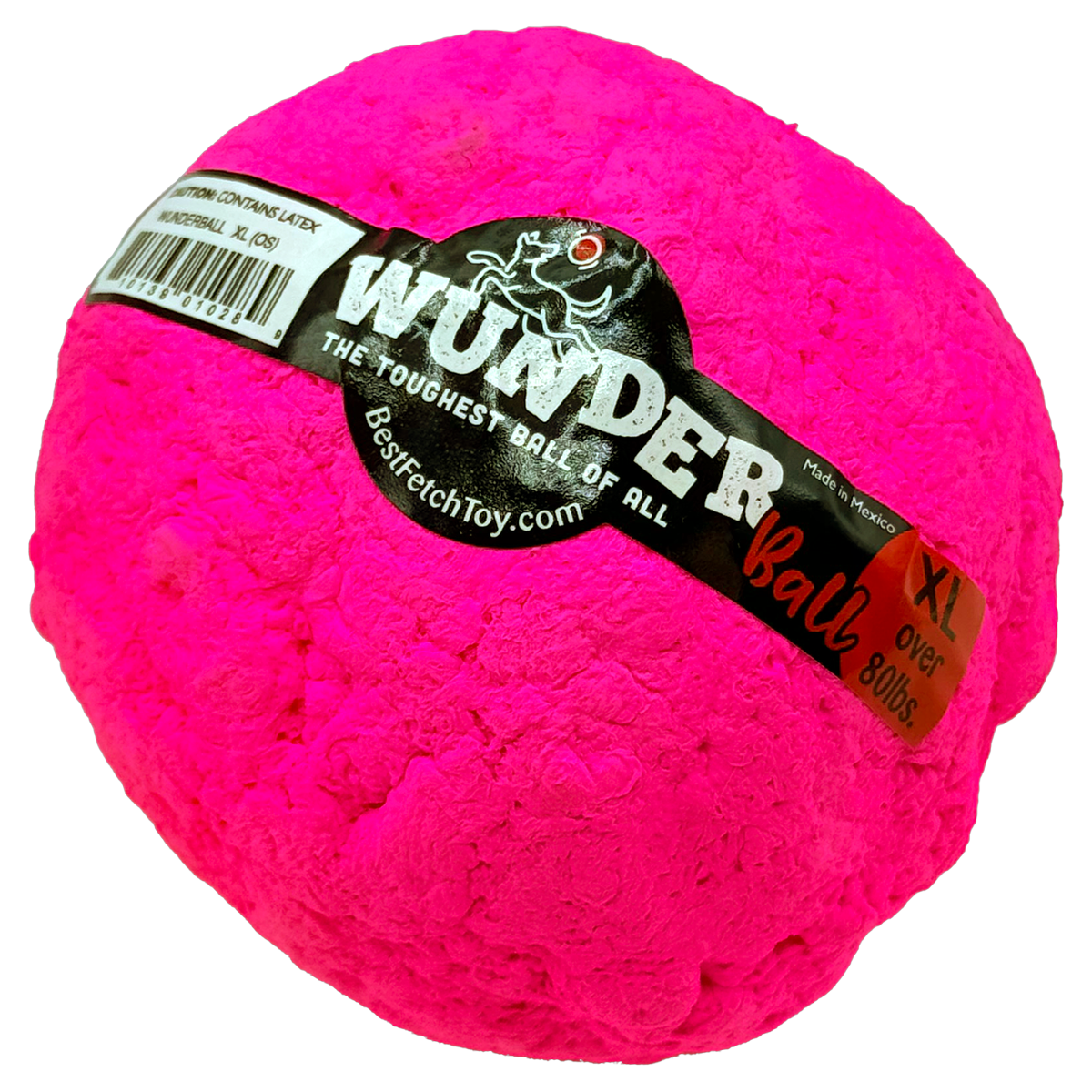 Pink textured fetch toy ball with printed black label band and barcode sticker