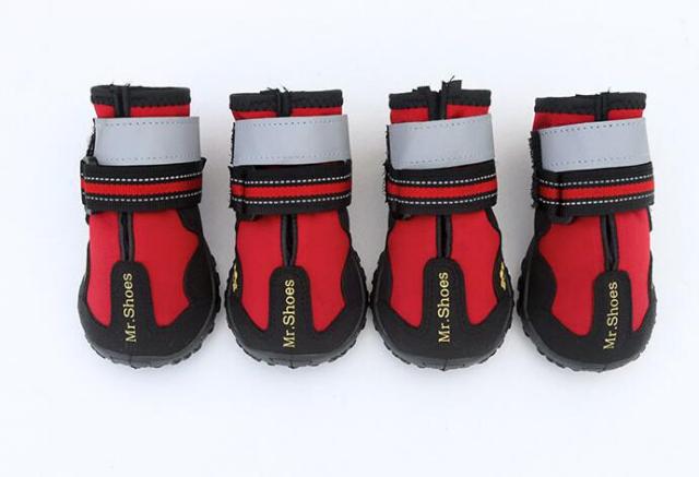 Waterproof dog boots, red and black with white cuffs and double strap bands