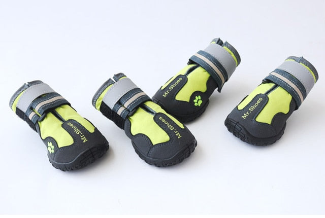 Waterproof dog shoes, lime green uppers with black soles and white cuff bands