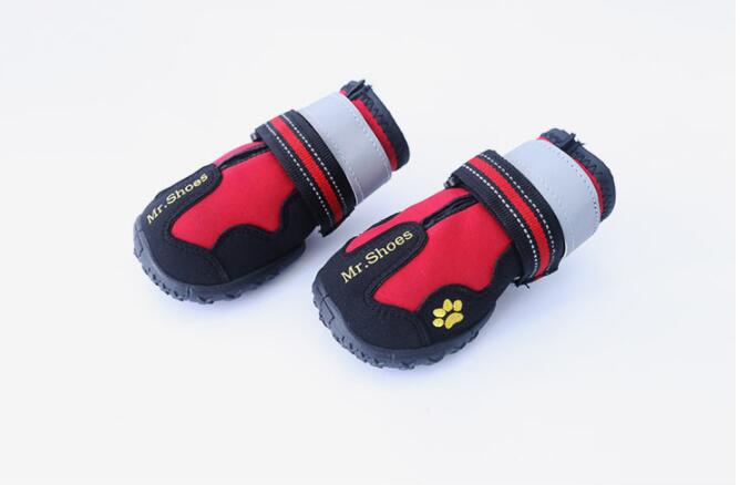 Waterproof dog shoes, red interior with black sides, white cuffs, red paw patch