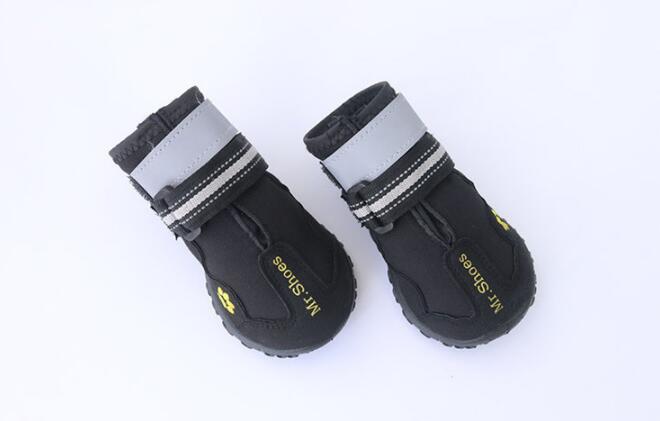 Waterproof dog boots, black with light gray/white cuffs and hook straps