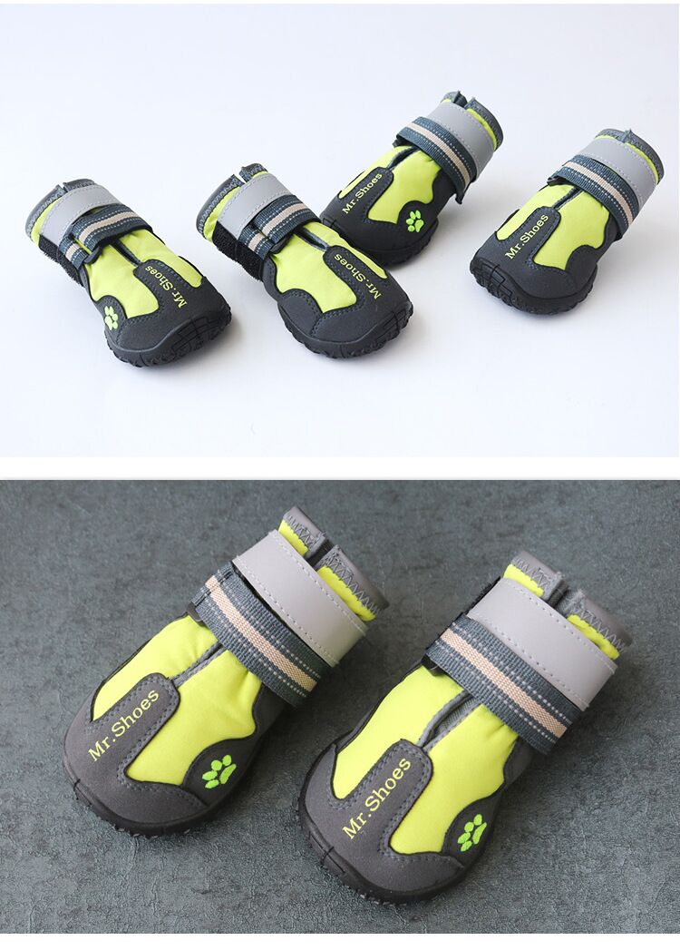 Waterproof dog boots, lime green with black soles, white cuff accents, strap