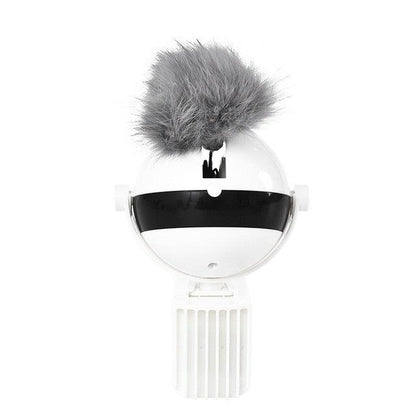 Automatic cat teaser toy with white base, black dome, and gray plush ball