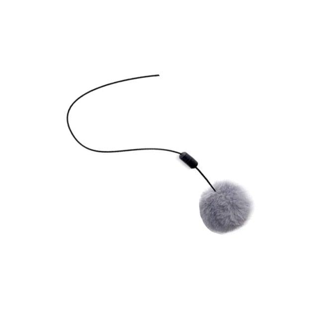 Cat teaser wand with small gray plush ball on a black cord