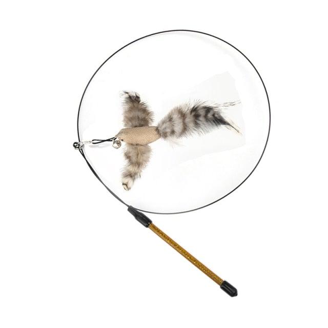 Cat teaser wand with circular ring and gray mouse plush with feather tail.