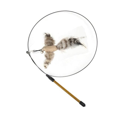Cat teaser wand with circular ring and gray mouse plush with feather tail.