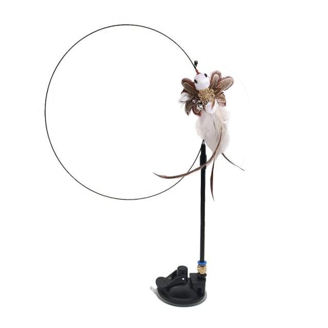 Cat teaser wand with gray plush feather bird and bell on string