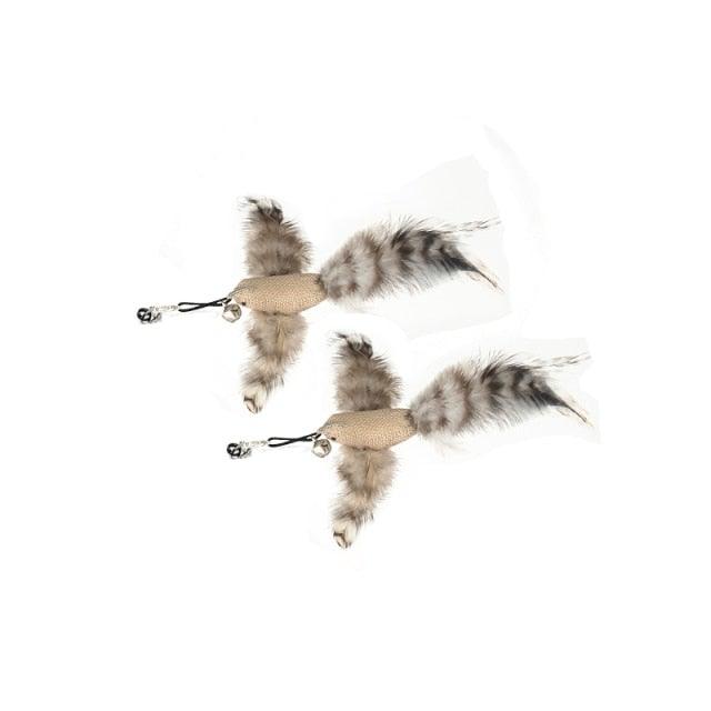 Two gray mouse plush teaser toys with feather tails attached to a circular ring wand.