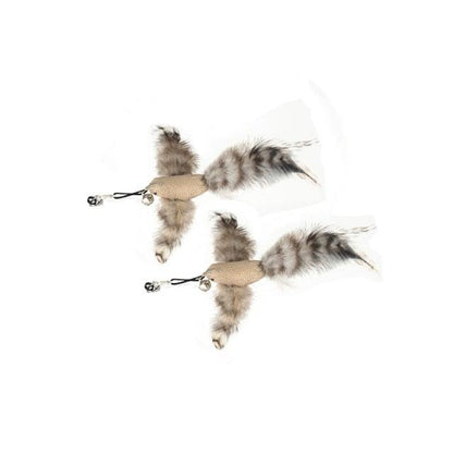 Two gray mouse plush teaser toys with feather tails attached to a circular ring wand.