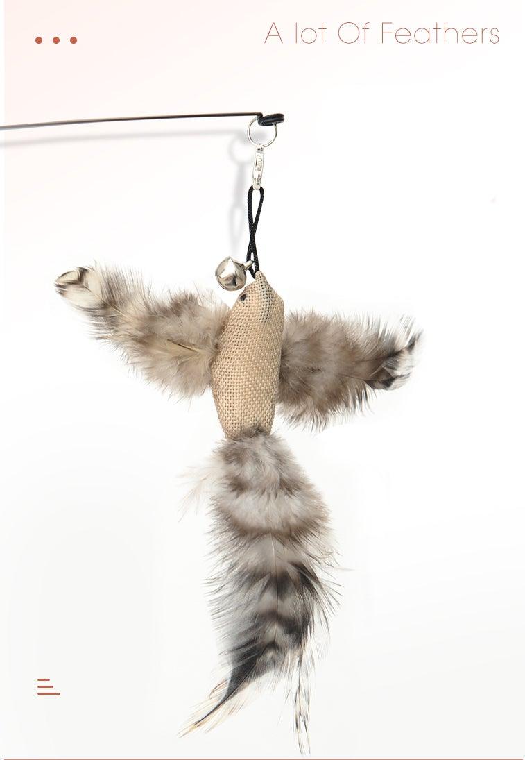 Cat teaser wand attachment with tan plush body and fluffy gray feather tail
