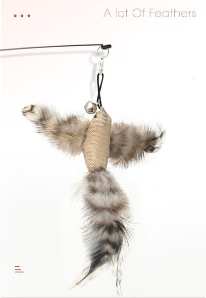 Cat teaser wand attachment with tan plush body and fluffy gray feather tail