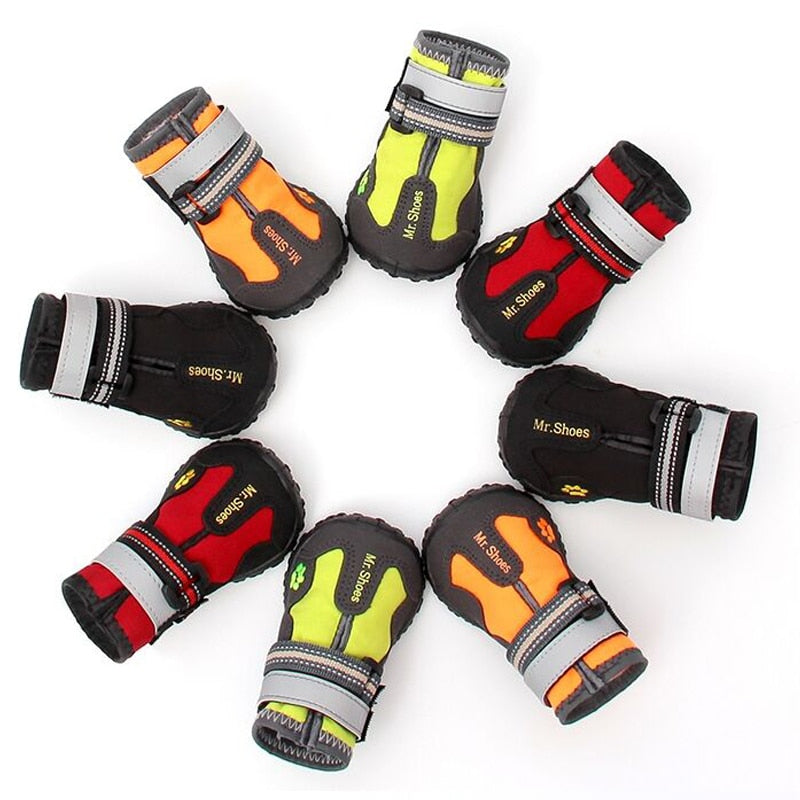 Set of dog waterproof booties in black with red, green, and orange accents