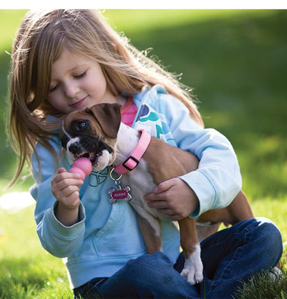 Child cuddling a brown puppy while it chews a pink KONG Puppy toy