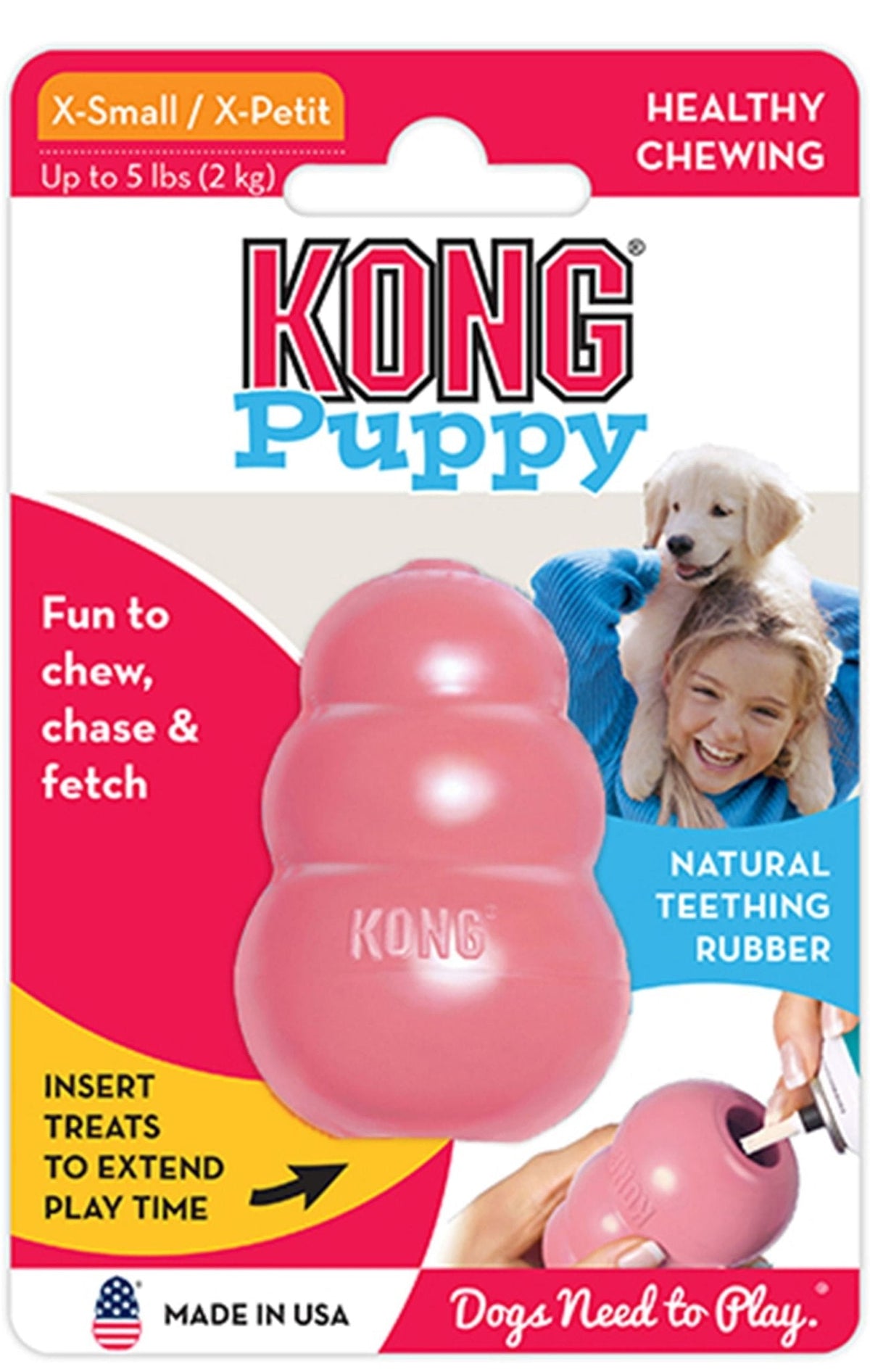 KONG Puppy treat-stuffing chew toy, x-small, pink natural rubber in package