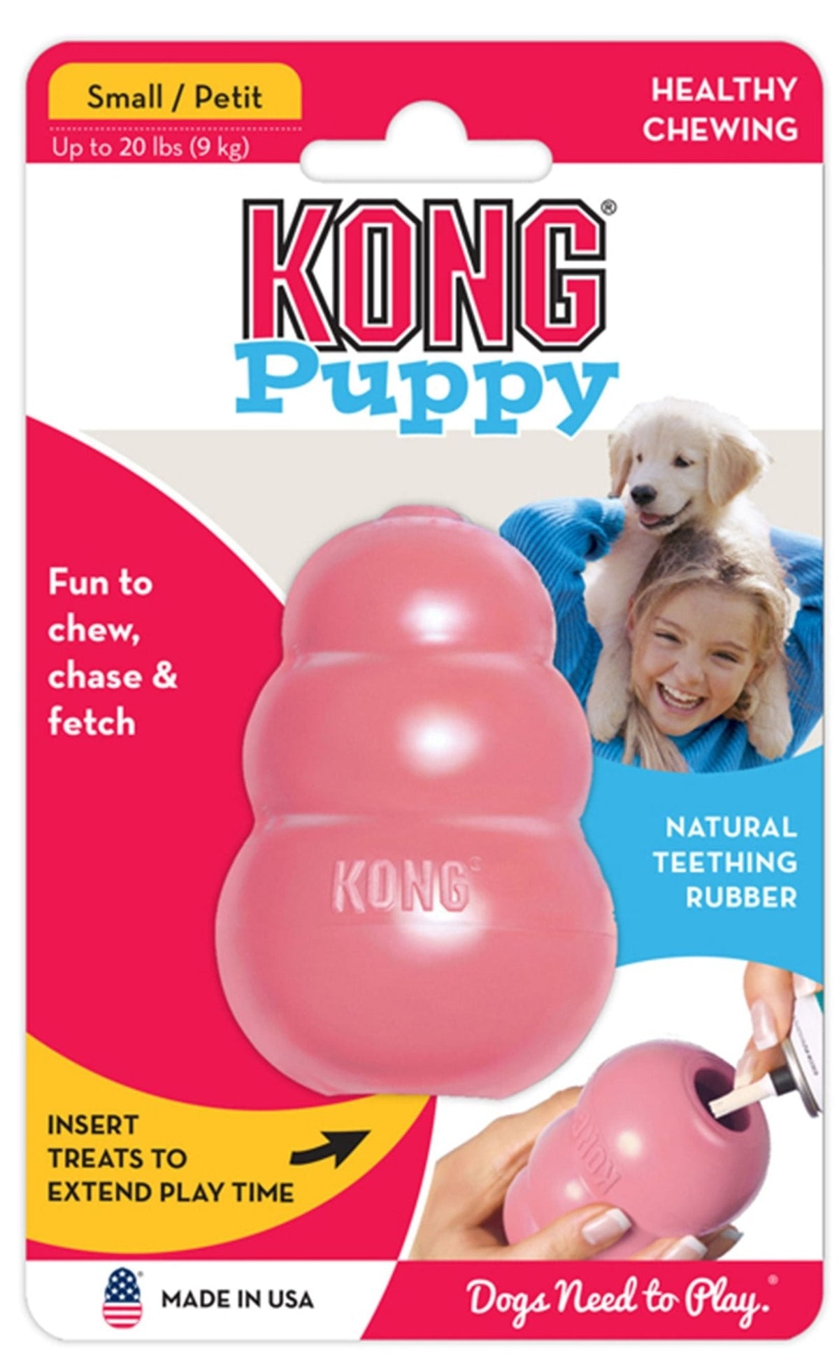 KONG Puppy treat-stuffing chew toy, small, pink natural rubber in package