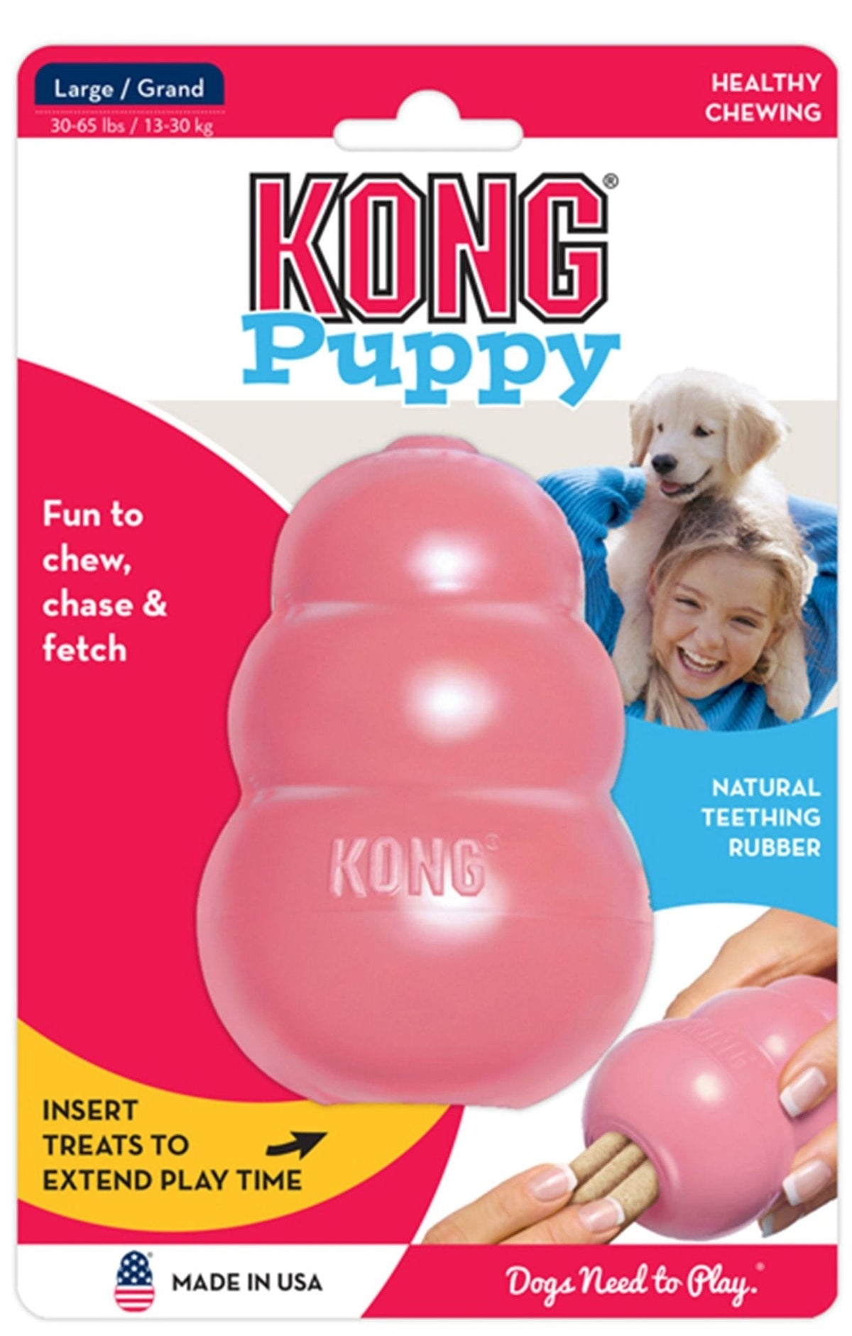 KONG Puppy treat-stuffing chew toy, large, pink natural rubber in package