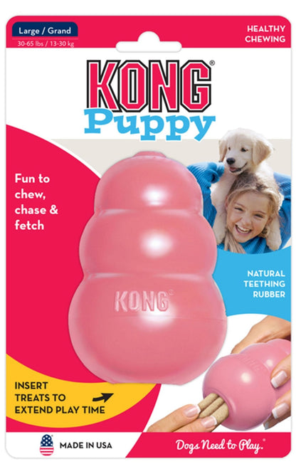 KONG Puppy treat-stuffing chew toy, large, pink natural rubber in package