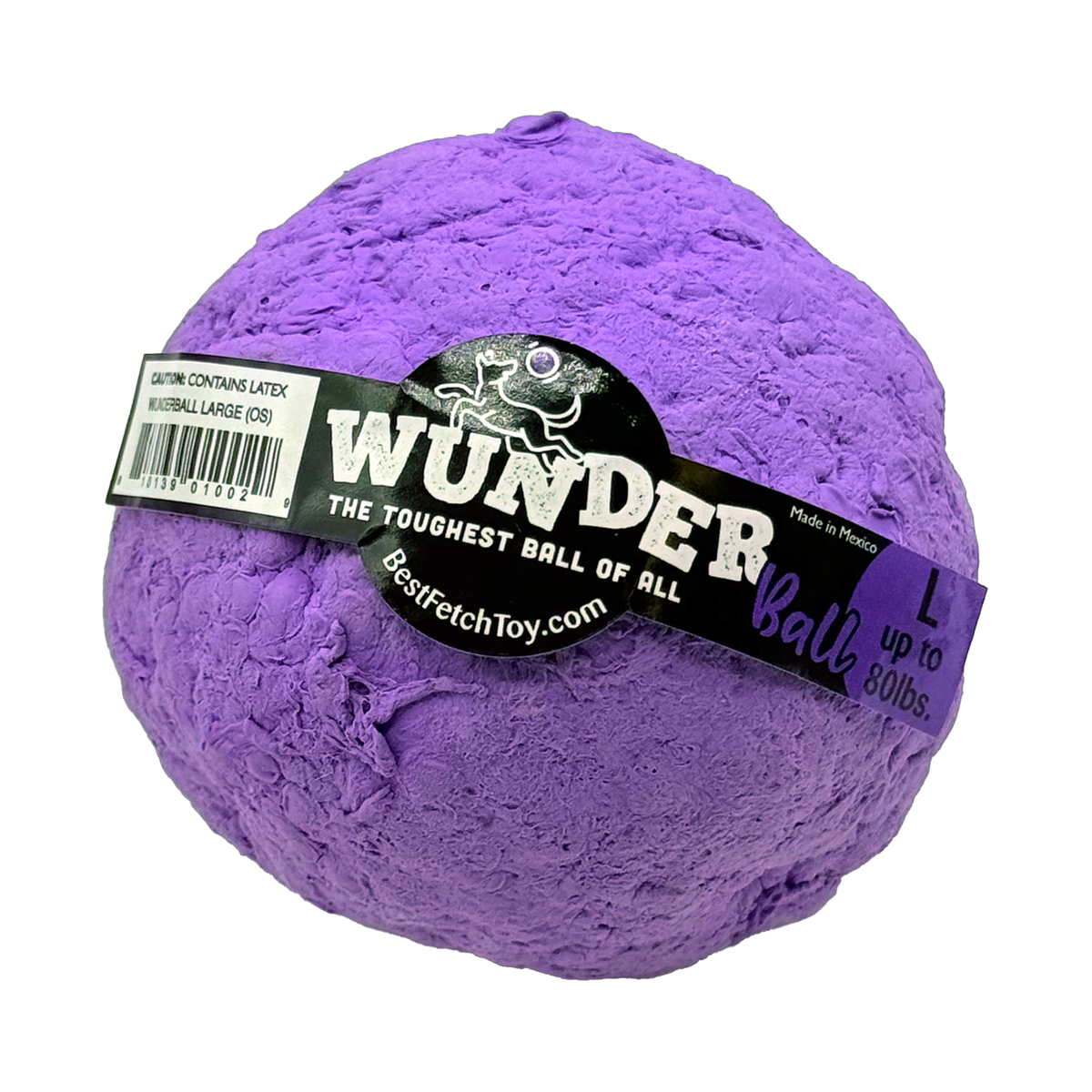 Purple textured fetch toy ball with black label band and red script text