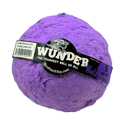 Purple textured fetch toy ball with black label band and red script text