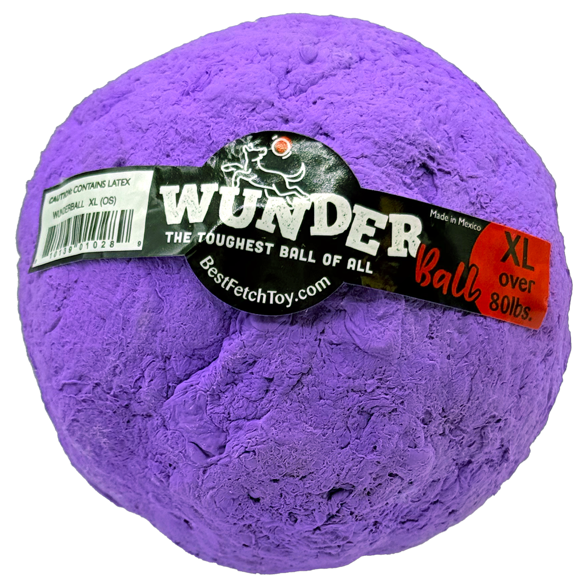 Purple textured fetch toy ball with printed black label band and barcode sticker