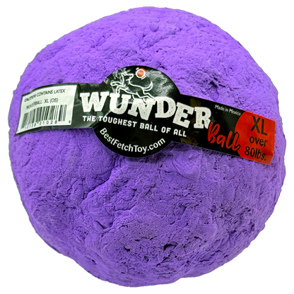 Purple textured fetch toy ball with printed black label band and barcode sticker