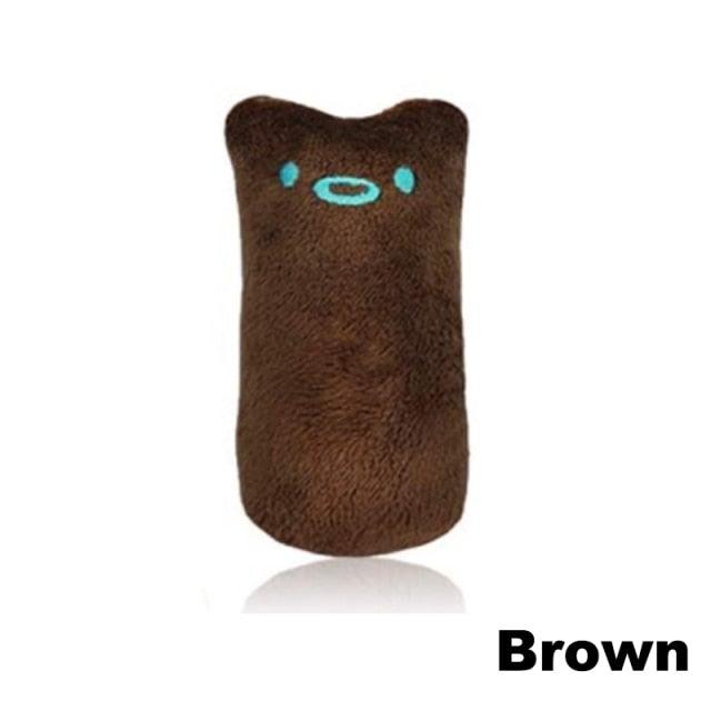 Brown plush dog toy with cute blue face, soft texture for pet play and comfort