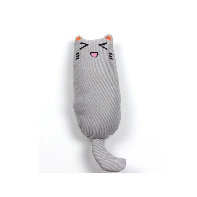 Catnip cat toy, light gray plush cat with pink tongue and whisker lines