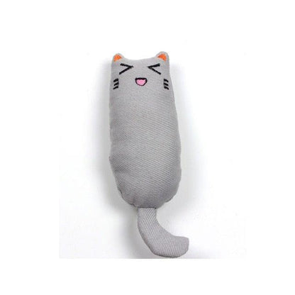 Catnip cat toy, light gray plush cat with pink tongue and whisker lines