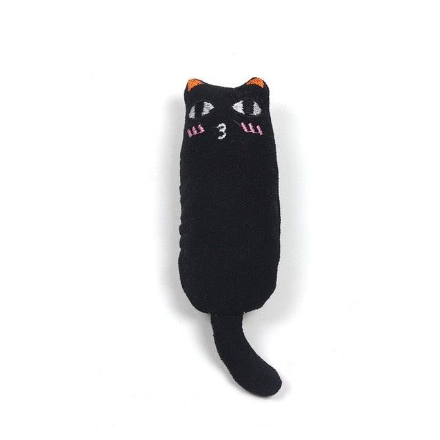 Catnip cat toy, black plush cat with orange ears and printed face