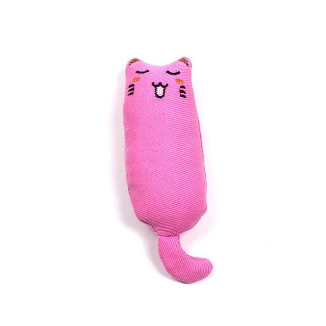 Catnip cat toy, bright pink plush cat with closed-eye smiling face