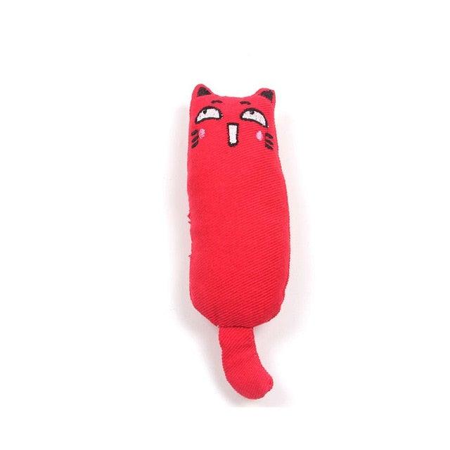Red plush cat toy with embroidered face and tail, ideal for pet play and enrichment