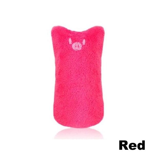 Red plush pet slow feeder lick mat with pig face design for dogs and cats