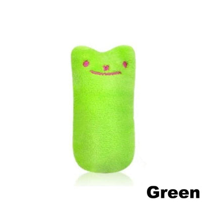 Green plush catnip toy cat with cute face and stitched smile.