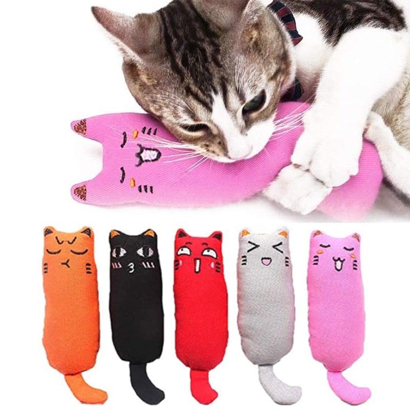 Catnip toy set, five plush cat toys in orange, black, red, gray, and pink