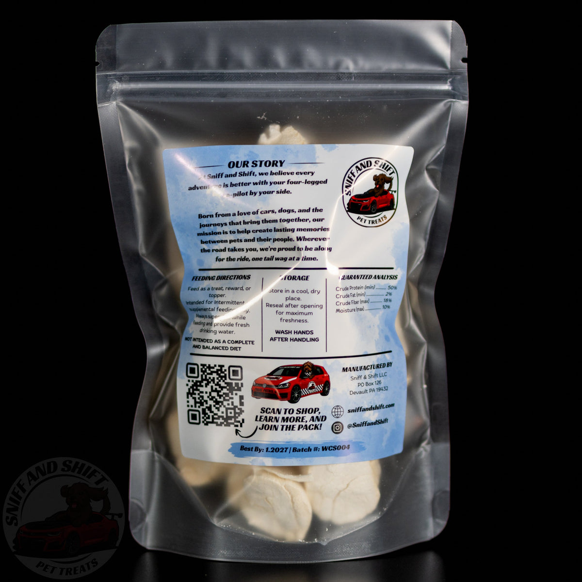Freeze-dried scallop dog & cat treats pouch, back label with QR code and ingredients