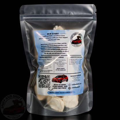 Freeze-dried scallop dog & cat treats pouch, back label with QR code and ingredients