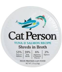 Cat Person Tuna & Salmon Shreds in Broth wet cat food, high protein, 2.75 oz