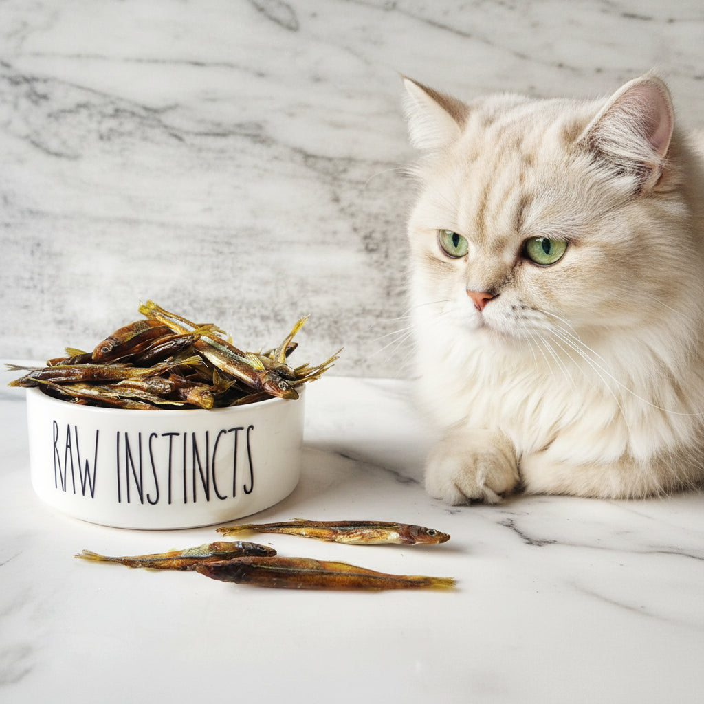 Cream cat beside RAW INSTINCTS jar of dried silverside fish treats on marble